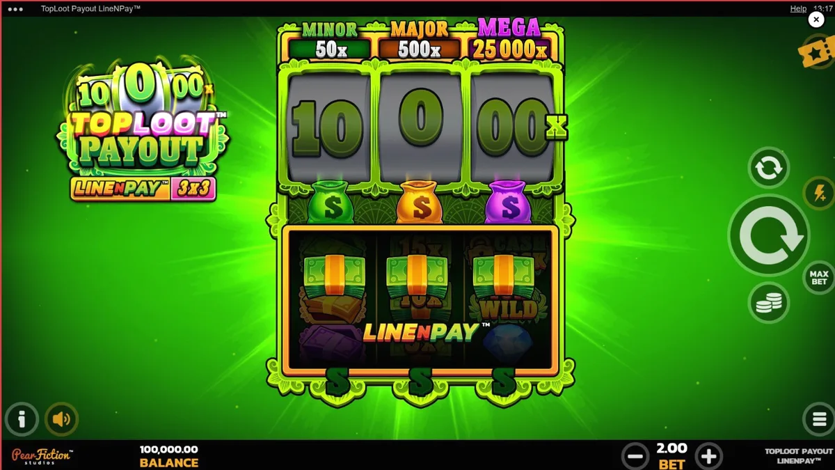 Interface do slot TopLoot Payout LineNPay com símbolos de tesouro e design de cofre