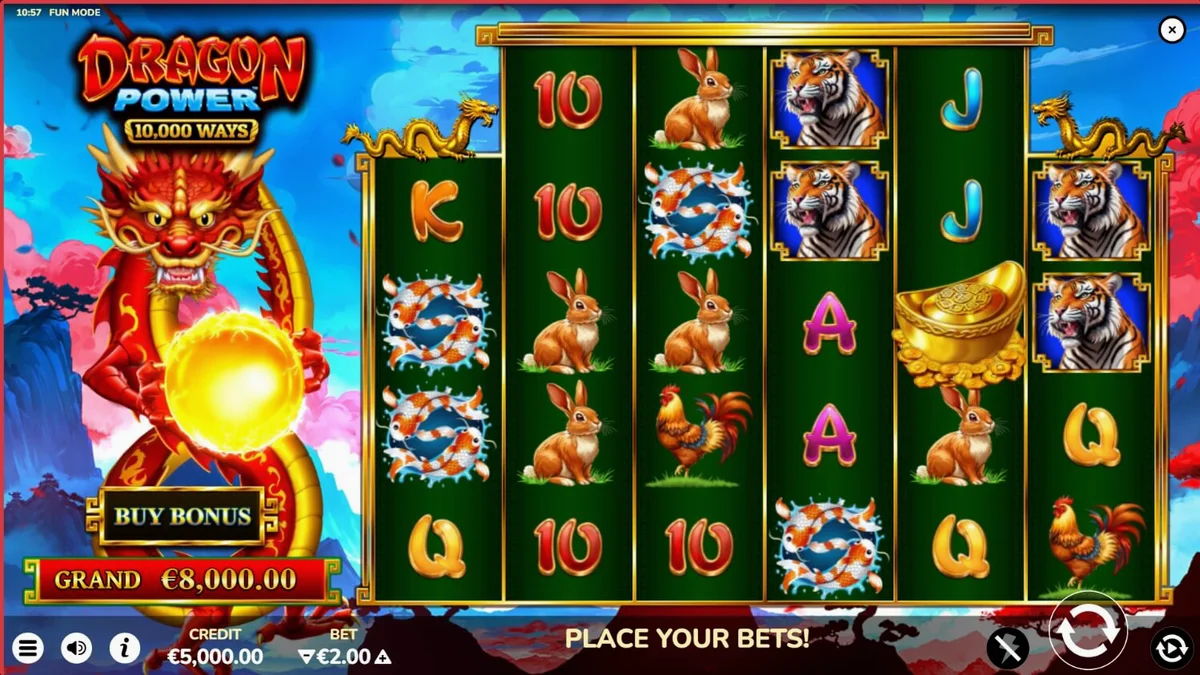 Interface do jogo Dragon Power 10,000 Ways com dragões dourados e orbes brilhantes