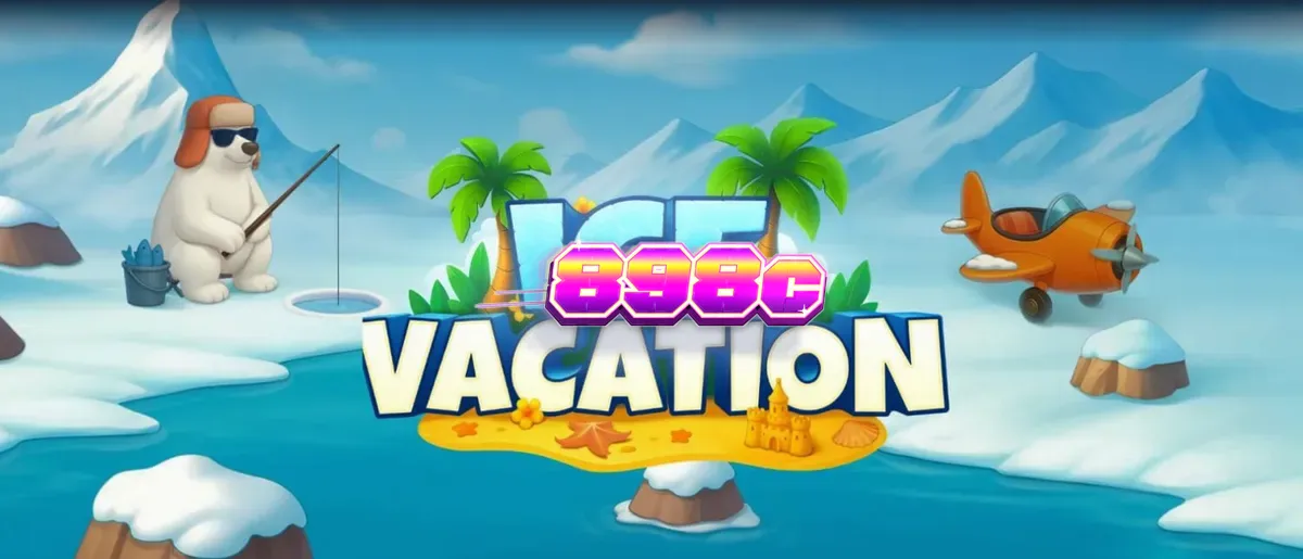 Cenário ártico tropical do slot Ice Vacation com personagens animados
